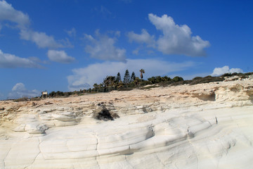Panoramic view of the rocky coastline from Agios Georgios Alamanos Beach in Limassol, Cyprus