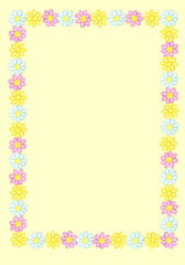 Frame from watercolor hand drawn white, pink and yellow wildflowers. Isolated on yellow background. Background can be changed
