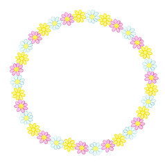 Wreath from watercolor hand drawn white, pink and yellow wildflowers. Isolated on white background. Background can be changed