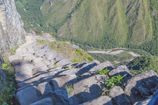 Stone Stairs Climbing Machu Picchu Peak In  Peru