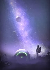 Tuinposter astronaut op verlaten planeet kijkend naar de sterrenhemel, digitale kunststijl, illustratie, schilderkunst © grandfailure