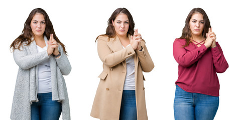 Collage of beautiful plus size woman over isolated background Holding symbolic gun with hand gesture, playing killing shooting weapons, angry face