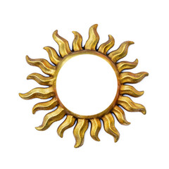 Golden sun shape frame with sunrays isolated on white. Wooden decor ornament template symbol painted on gold paint. Summer weather and heat sign