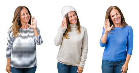 Obraz premium Collage of beautiful middle age woman over isolated background Waiving saying hello happy and smiling, friendly welcome gesture