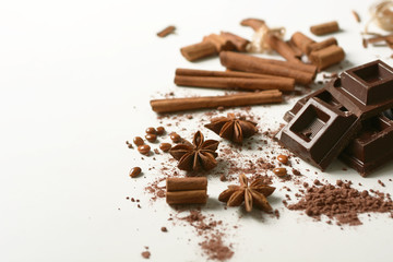 pieces of chocolate, cinnamon, star anise and cocoa powder on the white background