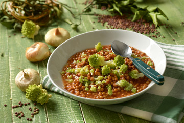 lentil soup, broccoli and onion - vegetarian recipe