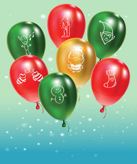 Festive background with gold and green and red balloons with doodles.