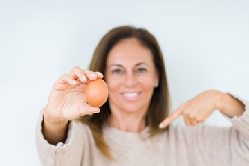 Middle age woman holding fresh egg over isolated background with surprise face pointing finger to himself