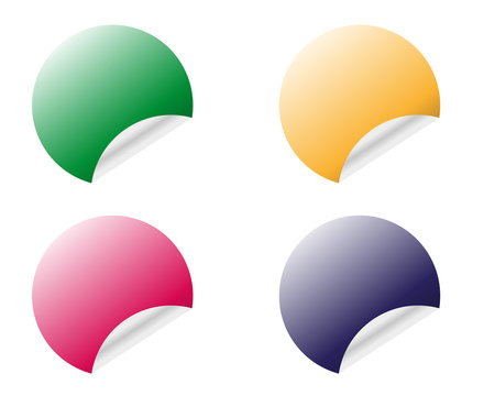 Round stickers with curled edge in different colors variants isolated on white background
