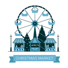 Winter Christmas fair market, Happy New year and Christmas Europe city, souvenir stalls, gift shops, Ferris wheel, garlands. Christmas trees, socks, gifts. City winter landscape