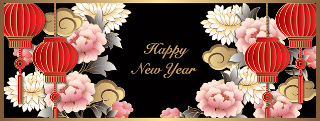 Happy Chinese new year retro gold relief art pink peony flower cloud lantern and lattice frame © Phoebe Yu