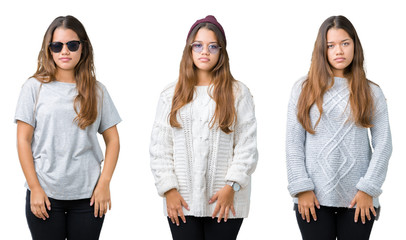 Obraz premium Collage of beautiful young woman over isolated background with serious expression on face. Simple and natural looking at the camera.
