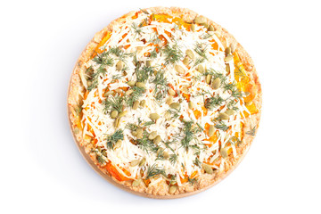 sweet pumpkin pie with cheese and dill isolated on white background.