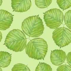 Summer seamless pattern with green watercolor leaves