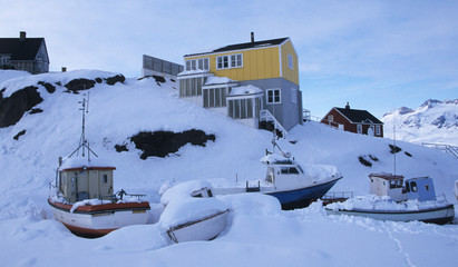 East-Greenland. The harbour of Ammassalik in wintertime