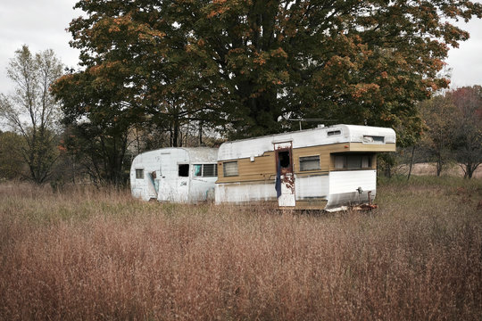 Abandoned trailer park in North Michigan USA in autumn