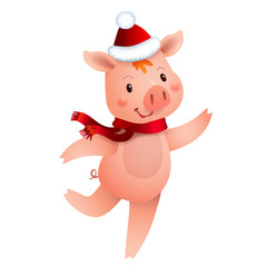 Cute pig and Santa hat. Symbol of the year in the Chinese calendar. Vector cartoon isolated illustration. Year of yellow pig