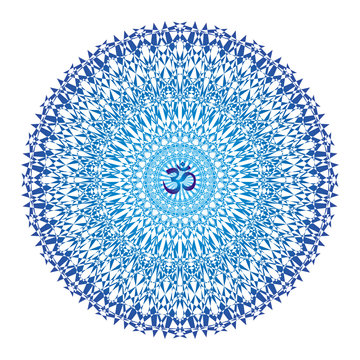 Blue mandala with aum / ohm / om sign in the center. Vector openwork delicate drawing. Spiritual symbol.