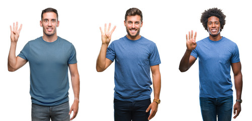 Obraz premium Collage of group of hispanic and african american men over isolated background showing and pointing up with fingers number four while smiling confident and happy.