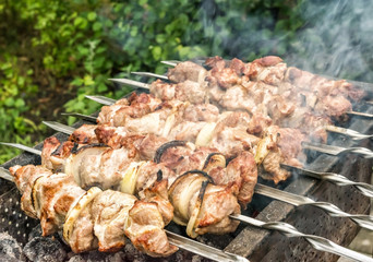 Row of metal skewers with hot roasted meat