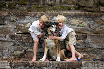 Two Happy Little Boy Children are Lovingly Hugging their Adopted Family Dog
