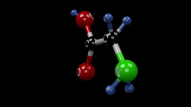 Glycine molecule. Molecular structure of glycine, non essential glucogenic amino acid,important component and precursor for many macromolecules in the cells. Alpha channel.