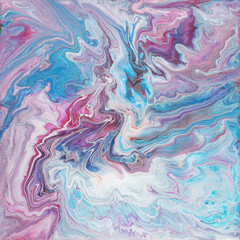 Colorful pink and blue wavy texture. Abstract acrylic painting. Fluid art.