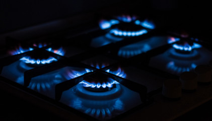 Kitchen gas stove with burning blue gas. Four burning gas hobs in the dark