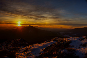 Sunrise in the Bieszczady Mountains. Polonina Wetlinska