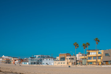 Obraz premium Good life concept. Houses and palms near beach on sunny day with blue sky. Copy space, place for text