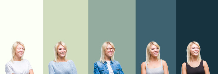 Collage of beautiful blonde woman over green vintage isolated background looking away to side with smile on face, natural expression. Laughing confident.