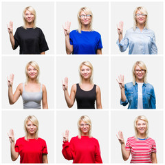 Collage of beautiful blonde woman wearing differents casual looks over isolated background showing and pointing up with fingers number four while smiling confident and happy.