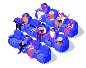 People watch film on movie theatre. Full room. People get great time at cinema. Isometric flat 3d illustration on white background. Popcorn, soda, credit card and eyeglasses on cinema chairs