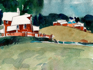 Decorative landscape with river houses on a hill