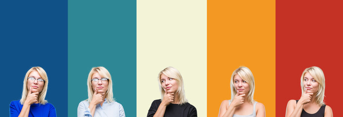 Obraz premium Collage of beautiful blonde woman over colorful vintage isolated background with hand on chin thinking about question, pensive expression. Smiling with thoughtful face. Doubt concept.
