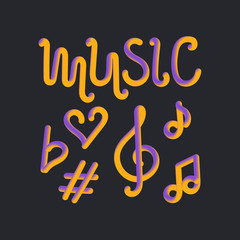 "Music" - hand lettering. Music symbols . Vector illustration.