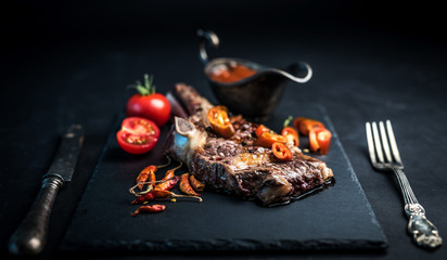 Roasted piece of beef on the bone with vegetables and cutlery on vintage background