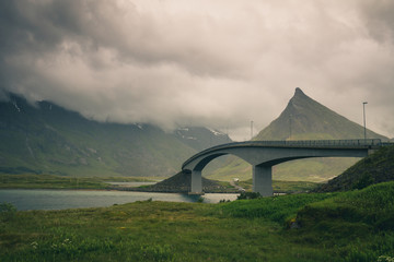 Famous architecture of bridge in Fredvang, Lofoten islands, Norway.