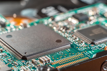 Computer chip on motherboard macro. Computer technology concept