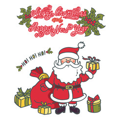 Santa Claus gives gifts. Design greeting card with the text: 
