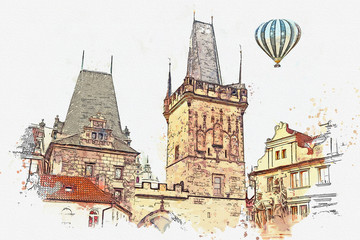 an illustration of a tower and other buildings at the entrance to the Charles Bridge in Prague in the Czech Republic. Traditional architecture. Hot air balloon flies in the sky.
