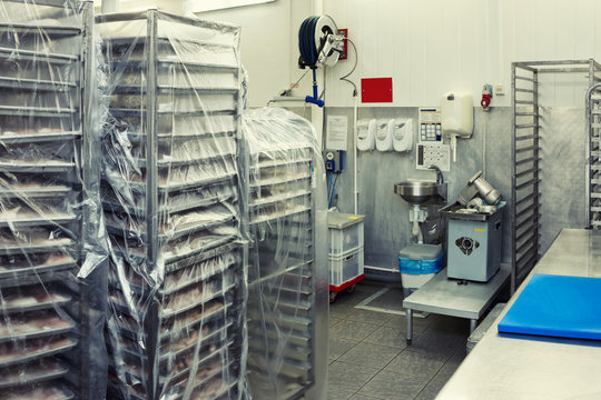 Food processing plant storage room, toned image