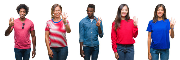 Composition of african american, hispanic and chinese group of people over isolated white background showing and pointing up with fingers number four while smiling confident and happy.