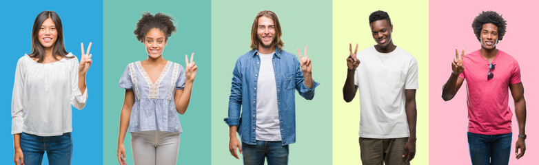 Composition of african american, hispanic and chinese group of people over vintage color background...