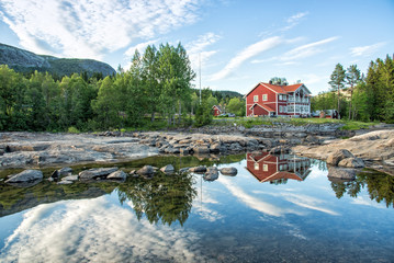 Summer Swedish landscape with evenings water reflection