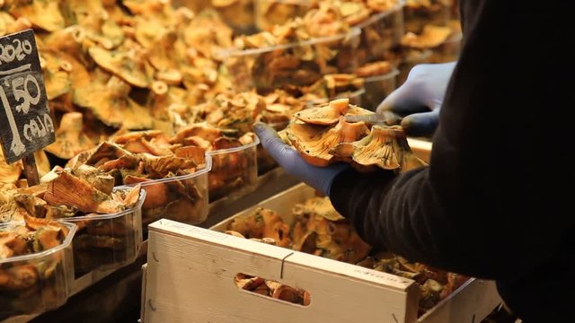 Cleaning mushrooms in a market. La Boqueria market. Barcelona, Catalonia, Spain.