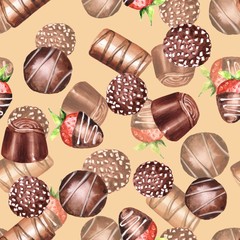Chocolate candies, watercolor seamless pattern. Hand drawn sweet background