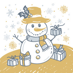 Christmas hand drawn card with Christmas snowman, snowflakes and gift box