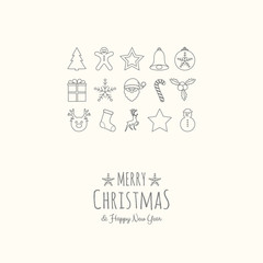 Design of Christmas banner with wishes and hand drawn ornaments. Vector.