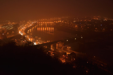 Foggy evening Usti nad Labem city on 3th december 2018 in Czech republic